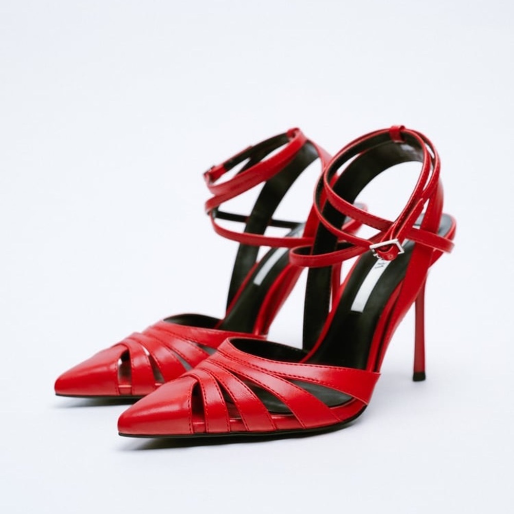 ZARA STRAPPY HEELED STILETTO SHOES RED BRAND NEW WITH TAGS US 6.5 EUR. 37